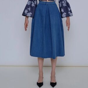 Naya Rea A-Line Pleated Denim Midi Skirt Sz UK 14 or US 10 High Waist Flowy Chic